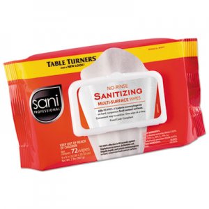 Sani Professional Table Turners No-Rinse Sanitizing Wipes, 9" x 8", White, 72 Wipes/PK, 12/Carton NICM30472 M30472