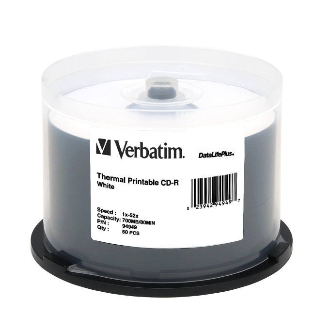 Verbatim CD-R 80MIN 700MB 52x DataLifePlus White Thermal Printable 50pk Spindle 94949