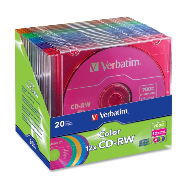 Verbatim CD-RW 80MIN 700MB 12x Color 20pk Matching Color Slim Cases 96685