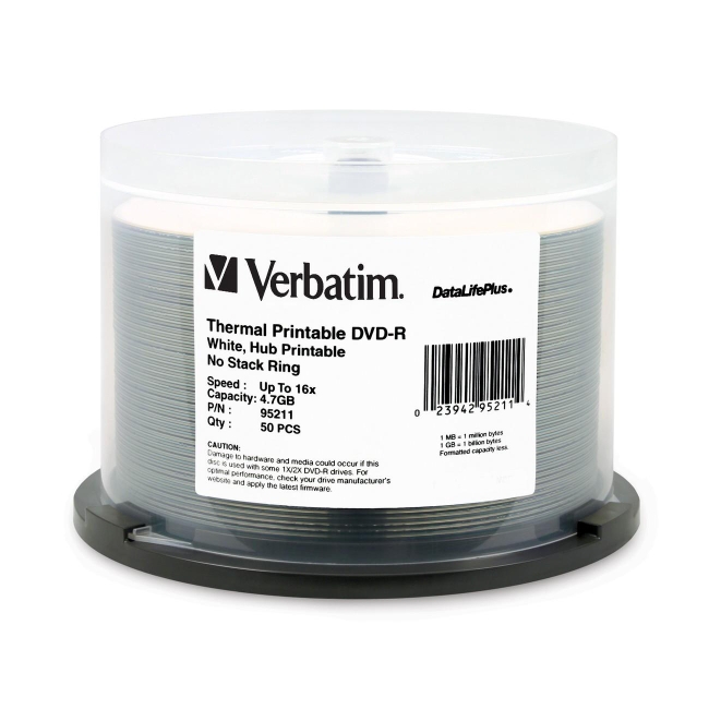 Verbatim DVD-R 4.7GB 16x DataLifePlus White ThermalHub Printable 50pk Spindle 95211