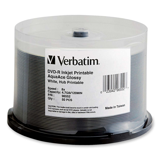 Verbatim DVD-R 4.7GB 8x AquaAce Glossy White Inkjet Hub Printable 50pk Spindle 96552