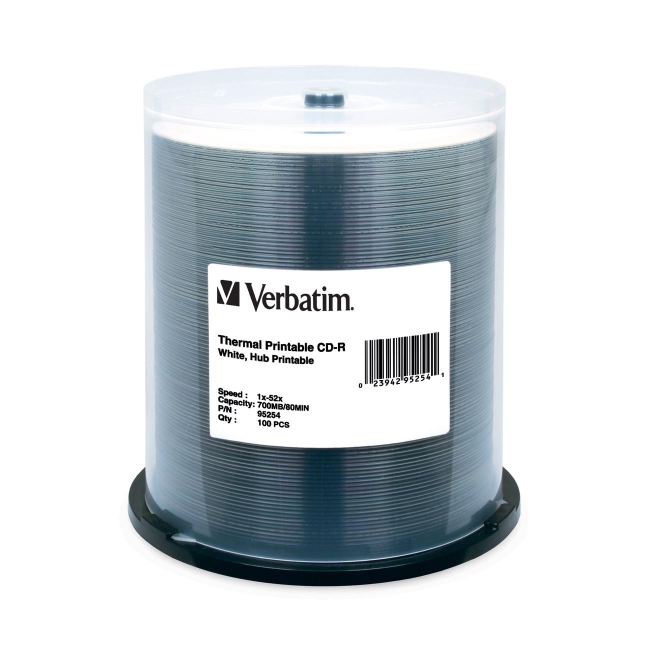 Verbatim CD-R 80MIN 700MB 52x White Thermal Printable, Hub Printable 100pk Spindle 95254