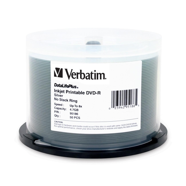 Verbatim DVD-R 4.7GB 8x DataLifePlus Silver Inkjet Printable 50pk Spindle 95186
