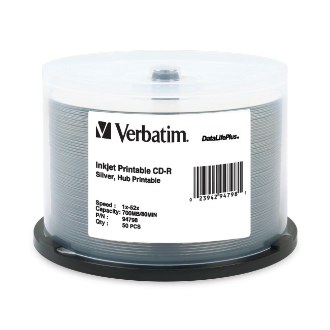 Verbatim CD-R 80MIN 700MB 52x DataLifePlus Silver Inkjet, Hub Printable 50pk Spindle 94798