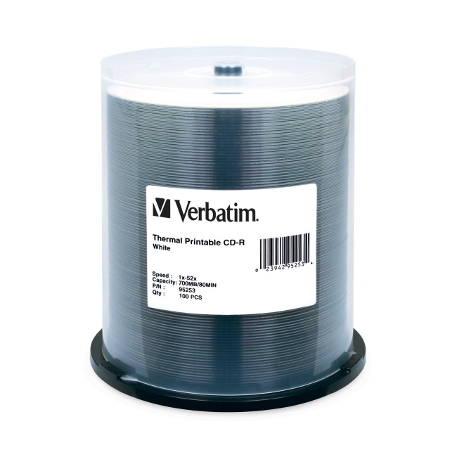 Verbatim CD-R 80MIN 700MB 52x White Thermal Prinable 100pk Spindle 95253