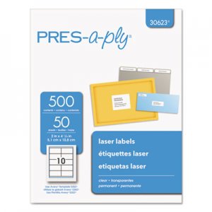 PRES-a-ply Laser Shipping Labels, 2 x 4 1/4, Clear, 500/Box AVE30623 30623