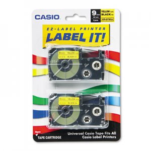 Casio Tape Cassettes for KL Label Makers, 9mm x 26ft, Black on Yellow, 2/Pack CSOXR9YW2S XR9YW2S