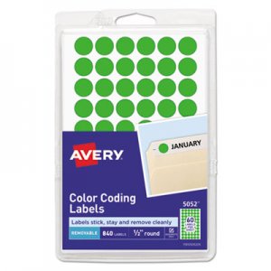 Avery Handwrite Only Removable Round Color-Coding Labels, 1/2" dia, Neon Green, 840/PK AVE05052 05052