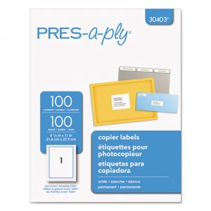 PRES-a-ply White Copier Full-Sheet Labels, 8 1/2 x 11, 100/Box AVE30403 30403