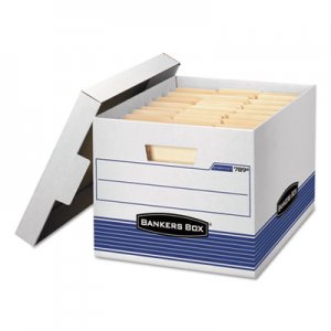 Bankers Box STOR/FILE Med-Duty Letter/Legal Storage Boxes, Locking Lid, White/Blue, 4/Carton FEL0078907 0078907