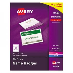Avery Pin-Style Name Badge Holders w/Inserts, Top Load, 2 1/4 x 3 1/2, White, 100/BX