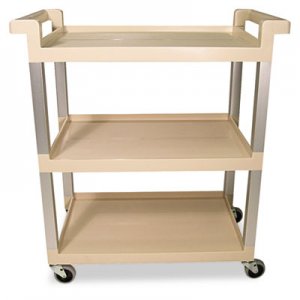 Rubbermaid Commercial Three-Shelf Service Cart w/Brushed Aluminum Upright, 16-1/4 x 31-1/2 x 36, Beige