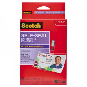Scotch Self-Sealing Laminating Pouches w/Clip, 12.5 mil, 2 15/16 x 4 1/16, 25/Pack MMMLS852G