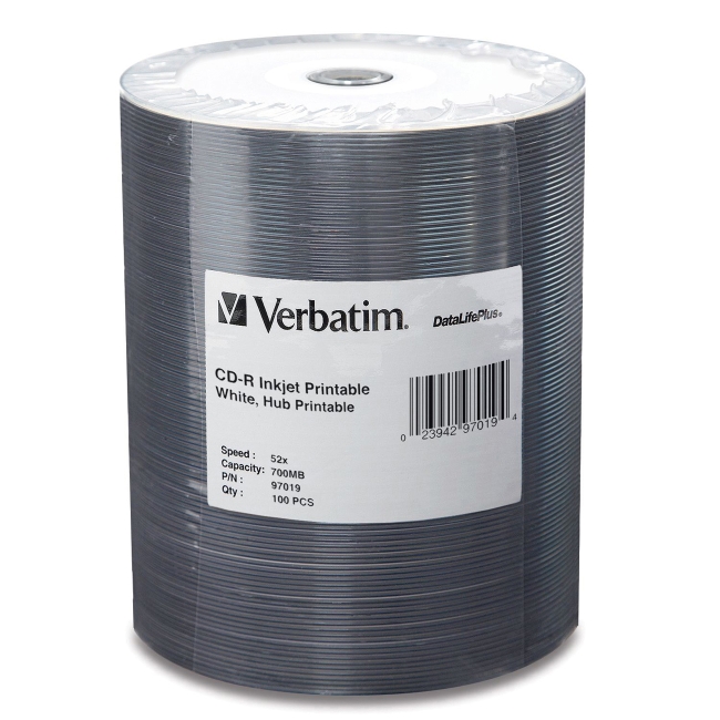Verbatim CD-R 80MIN 700MB 52x DataLifePlus White Inkjet Hub Printable 100pk Tape Wrap 97019