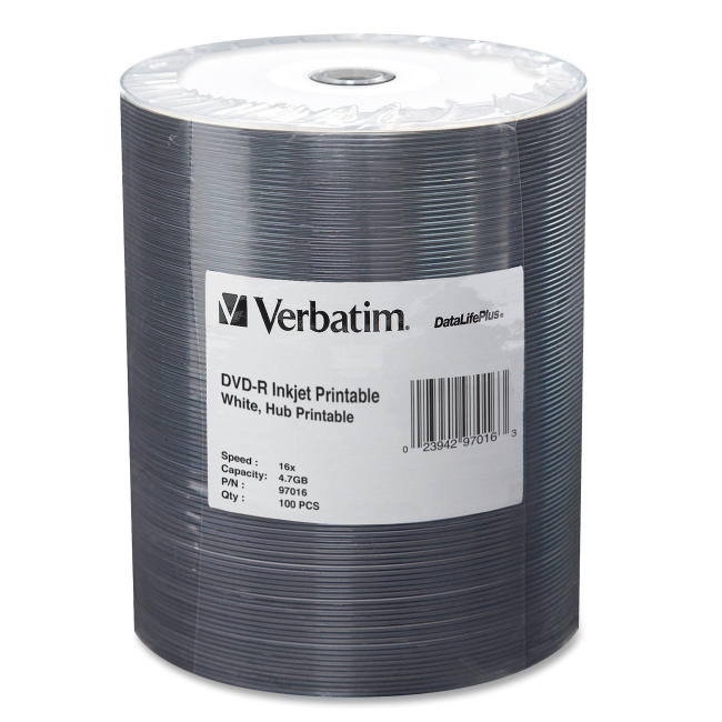 Verbatim DVD-R 4.7GB 16x DataLifePlus White Inkjet Hub Printable 100pk Wrap 97016