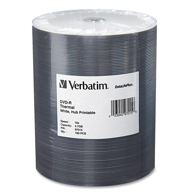 Verbatim DVD-R 4.7GB 16x DataLifePlus White Thermal Hub Printable 100pk Wrap 97015