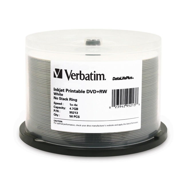 Verbatim DVD+RW 4.7GB 4x DataLifePlus White Inkjet Printable 50pk Spindle 95213