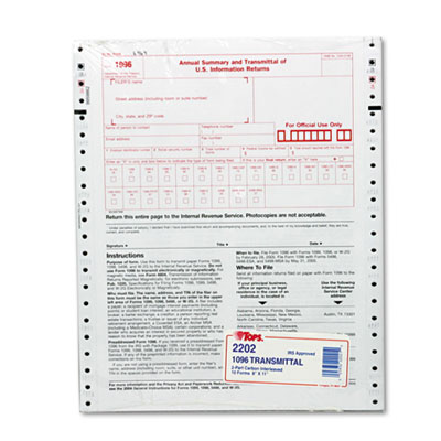 TOPS 1096 IRS Approved Tax Forms, 8 x 11, 2-Part Carbon, 10 Contin Forms 2202 TOP2202