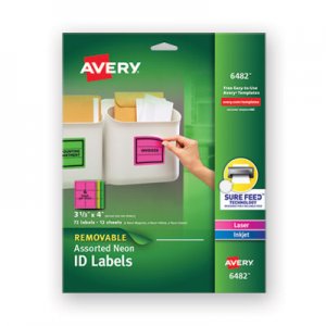 Avery High-Visibility Removable ID Labels, Laser/Inkjet, 3 1/3 x 4, Asst. Neon, 72/PK AVE6482 06482
