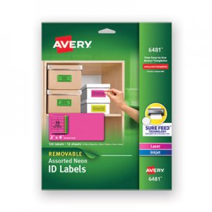 Avery High-Visibility Removable ID Labels, Laser/Inkjet, 2 x 4, Asst. Neon, 120/Pack AVE6481 06481