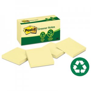 Post-it Greener Notes Recycled Note Pads, 3 x 3, Canary Yellow, 100-Sheet, 12/Pack MMM654RPYW 654-RP