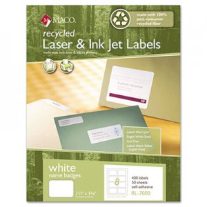 Maco Recycled Laser/Inkjet White Name Badge Labels, 3 3/8 x 2 1/3, White, 400/Box MACRL7000 MRL