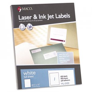 Maco White Laser/Inkjet Full-Sheet Identification Labels, 8 1/2 x 11, White, 100/Box MACML0100 MML-0100