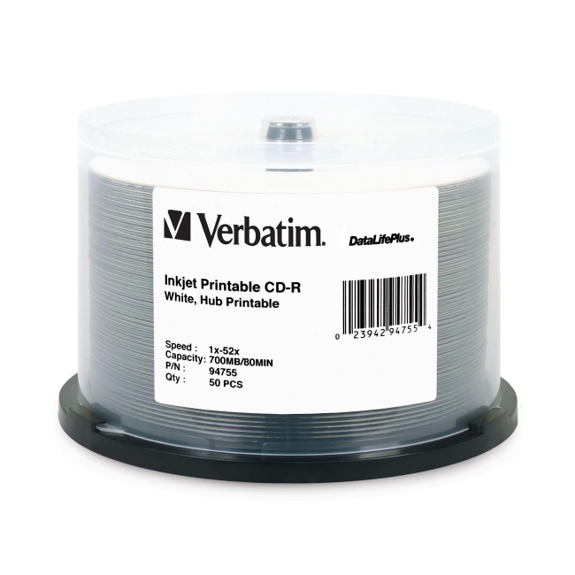 Verbatim CD-R 80MIN 700MB 52x DataLifePlus White Inkjet, Hub Printable 50pk Spindle 94755