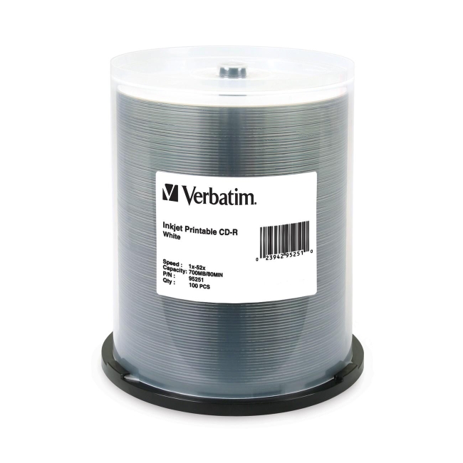 Verbatim CD-R 80MIN 700MB 52x White Inkjet Printable 100pk Spindle 95251