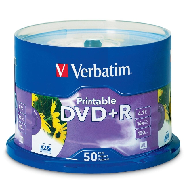 Verbatim DVD+R 4.7GB 16x White Inkjet Printable 50pk Spindle 95136