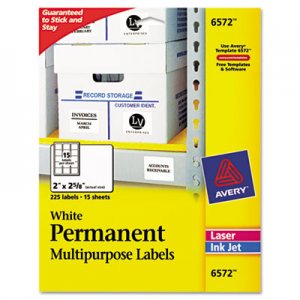 Avery Permanent ID Labels, Inkjet/Laser, 2 x 2 5/8, White, 225/Pack AVE6572 06572