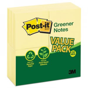 Post-it Greener Notes Recycled Note Pads, 3 x 3, Canary Yellow, 100-Sheet, 24/Pack MMM654RP24YW 654RP-24YW