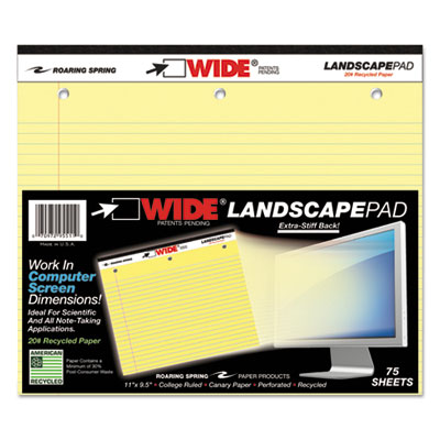 Roaring Spring WIDE Landscape Format Writing Pad, College Ruled, 11 x 9 1/2, Canary, 75 Sheets ROA95511 95511