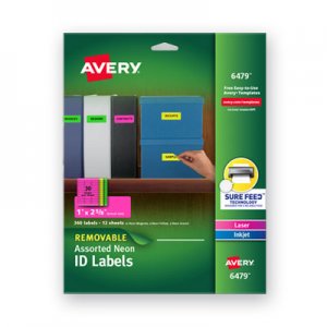 Avery High-Visibility Removable ID Labels, Laser/Inkjet, 1 x 2 5/8, Asst. Neon, 360/PK AVE6479 06479