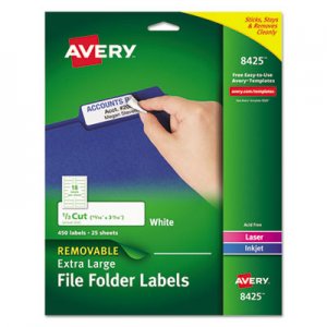 Avery XL Removable 1/3-Cut File Folder Labels, Inkjet/Laser, .94 x 3.44, White, 450/PK AVE8425 72782