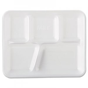 Genpak Foam School Trays, 5-Comp, 10 2/5 x 8 2/5 x 1 1/4, White, 500/Carton