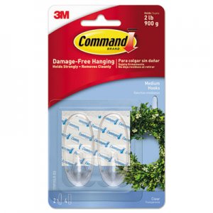 Command Clear Hooks & Strips, Plastic, Medium, 2 Hooks & 4 Strips/Pack MMM17091CLRES 17091CLR-ES