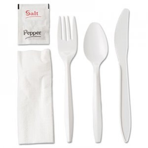 GEN Wrapped Cutlery Kit, Fork/Knife/Spoon/Napkin/Salt/Pepper, White, 250/Carton GEN6KITMW