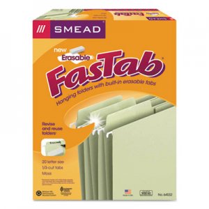 Smead Erasable FasTab Hanging Folders, 1/3-Cut, Letter, 11 Point Stock, Moss, 20/Box SMD64032 64032
