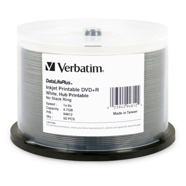 Verbatim DVD+R 4.7GB 8x DataLifePlus White Inkjet Hub Printable 50pk Spindle 94812