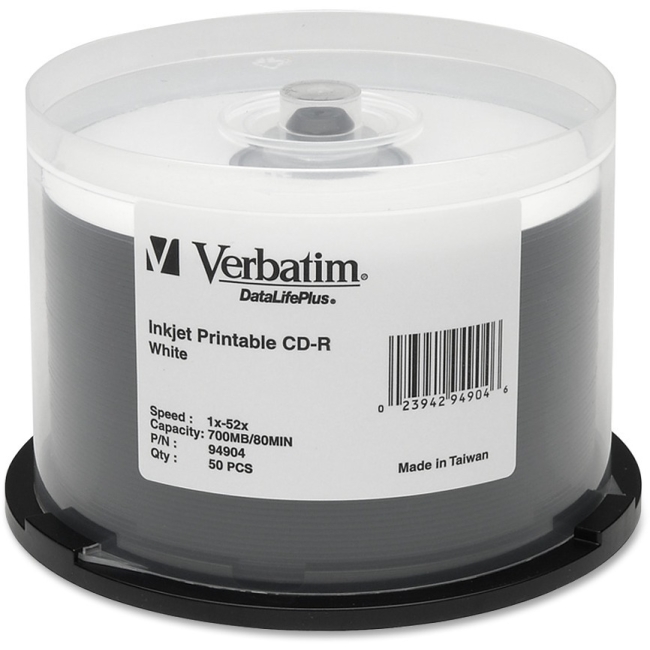 Verbatim CD-R 80MIN 700MB 52x DataLifePlus White Inkjet Printable 50pk Spindle 94904