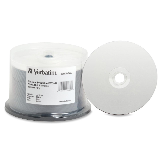 Verbatim DVD+R 4.7GB 8x DataLifePlus White Thermal Hub Printable 50pk Spindle 94889