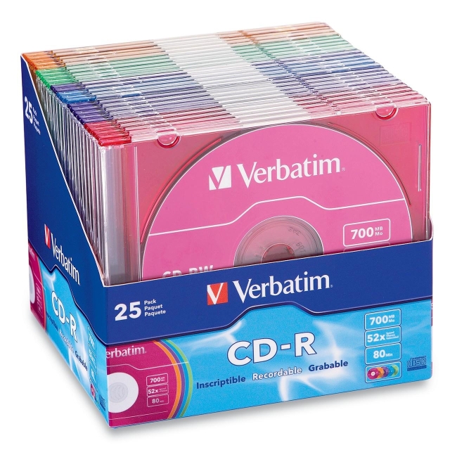 Verbatim CD-R 80MIN 700MB 52x Colors 25pk Slim Cases 94611