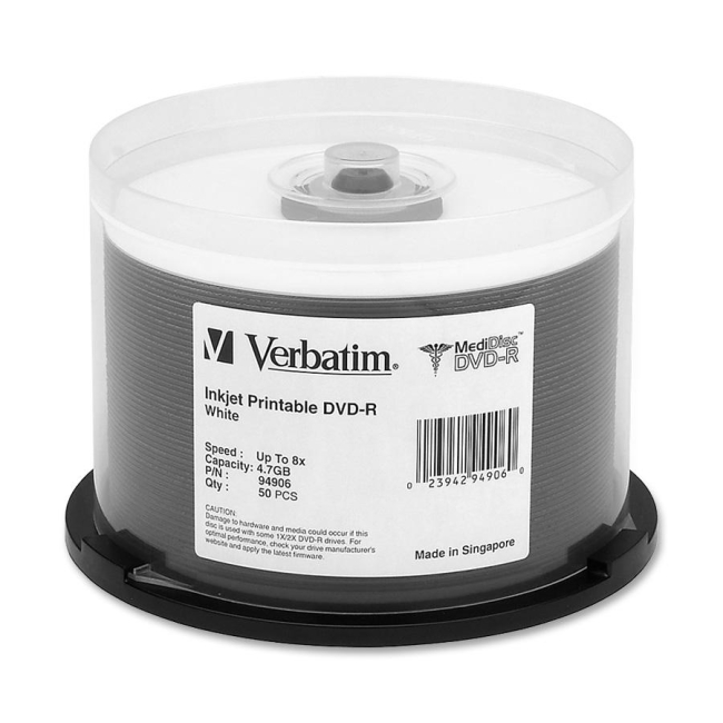 Verbatim MediDisc DVD-R 4.7GB 8x White Inkjet Printable 50pk Spindle 94906