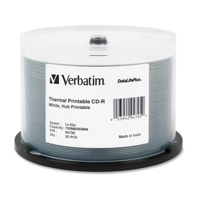 Verbatim CD-R 80MIN 700MB 52x DataLifePlus White Thermal Printable, Hub Printable 50pk Spindle 94795