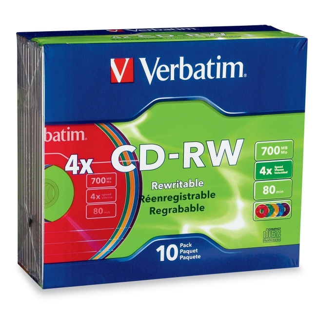 Verbatim CD-RW 80MIN 700MB 2x-4x DataLifePlus Color 10pk Matching Color Slim Cases 94325