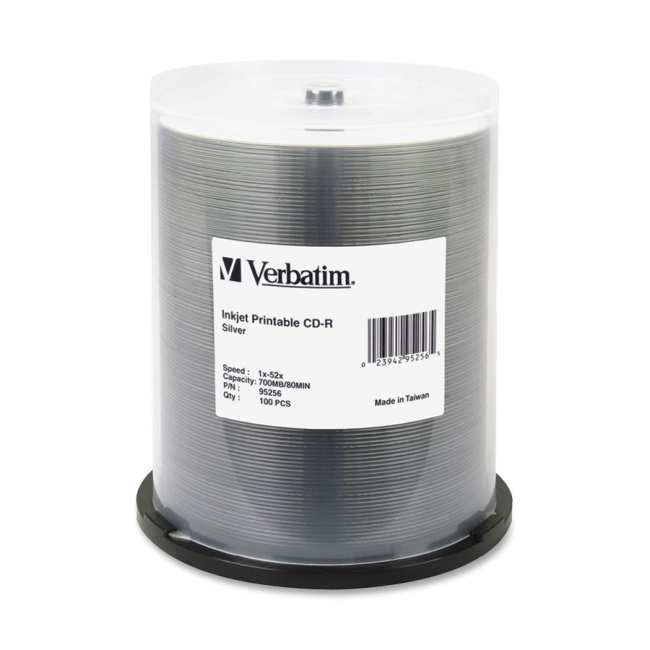Verbatim CD-R 80MIN 700MB 52x Silver Inkjet Printable 100pk Spindle 95256