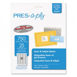 PRES-a-ply Laser Address Labels, 1 x 2 5/8, White, 750/Pack AVE30610 30610
