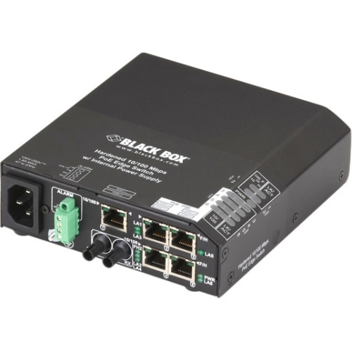 Black Box Hardened PoE PSE Switch, (5) 10/100 RJ-45, (1) Multimode ST, AC Powered LPH240A-H-ST