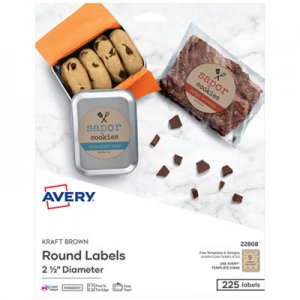Avery Round Print-to-the-Edge Labels, 2 1/2" dia, Brown Kraft, 225/PK AVE22808 22808